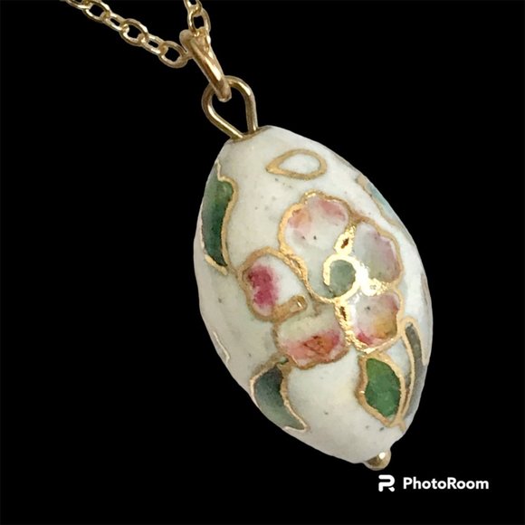 Vintage Cloisonne Flower Egg Oval Bead Necklace Aqua Pink Enamel Gold Plated 18" - Picture 2 of 11